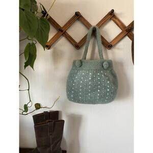 Handcrafted Felted 100% Wool Hand Bag Beaded Detail Seafoam Green Boho Hippie